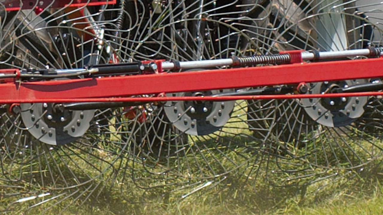 Thumbnail for Close-up of MF 3900 Series Wheel Rake tines and frame gathering hay, built for durability and clean windrow formation.