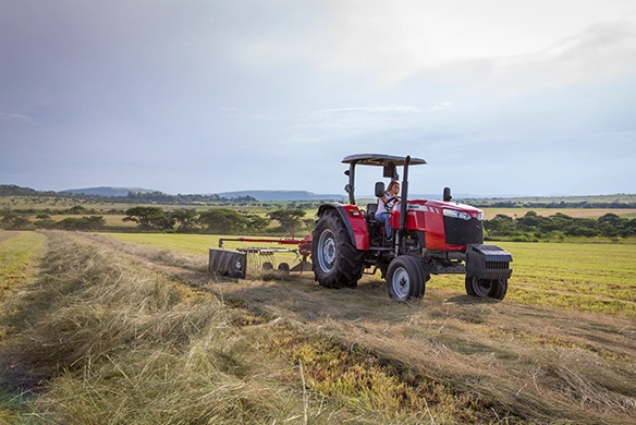 Massey Ferguson 4700 Series utility tractor pulling Massey Ferguson RK451 rake through a field of cut hay.