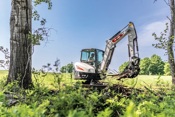 Bobcat E42 compact excavator equipped with a 3-tine grapple attachment clearing brush and debris in a wooded area, ideal for land management and forestry applications.