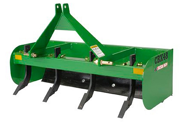 Bush Hog CBX48 compact box blade attachment with heavy-duty steel frame and adjustable scarifiers, designed for grading and leveling soil.