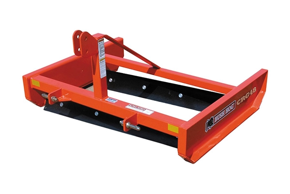 Bush Hog CRG48 compact road grader attachment with durable steel frame, ideal for smoothing driveways, leveling gravel, and maintaining dirt roads.