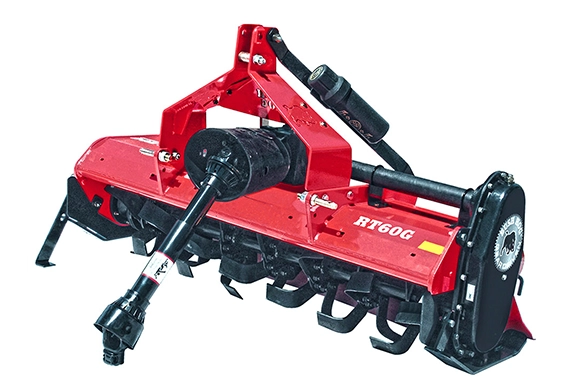 Bush Hog RT60G rotary tiller attachment with heavy-duty gearbox and adjustable skid shoes, designed for seedbed preparation and soil cultivation.