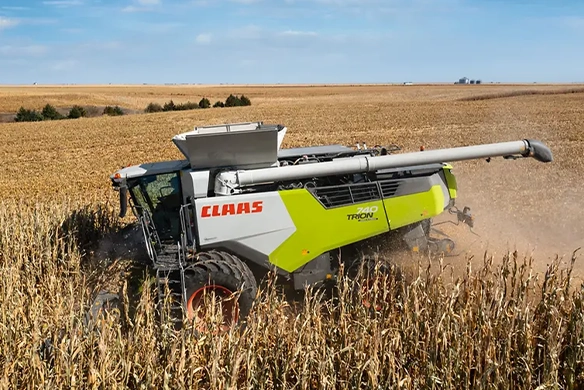 CLAAS TRION 740 combine operating in a standing cornfield, capturing mid-harvest performance with extended grain tank and unloading auger.