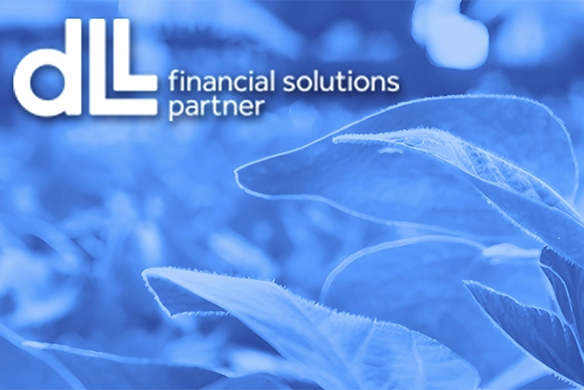 DLL Financial Solutions Partner logo overlaid on a blue-toned close-up of agricultural leaves