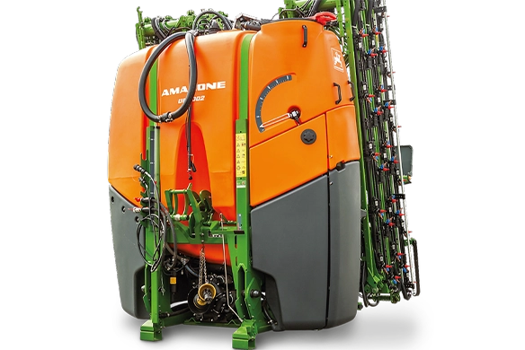 Close-up of the Amazone UF02 mounted sprayer in a studio setting, showcasing its compact design, orange tank, and green frame.