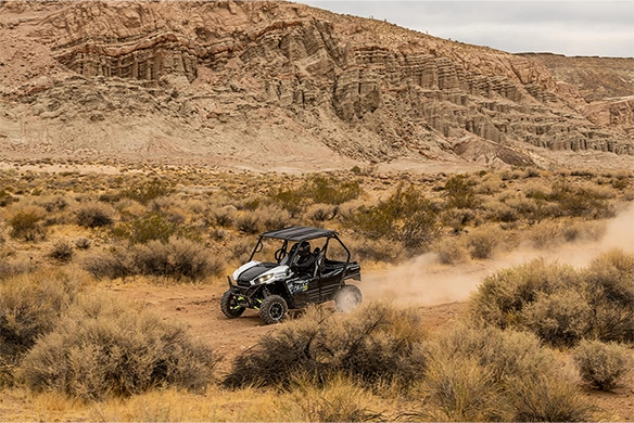 Kawasaki Teryx S LE driving through desert trail with mountainous backdrop