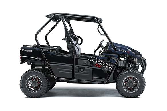 Profile view of Kawasaki Teryx4 S LE UTV in black and blue design