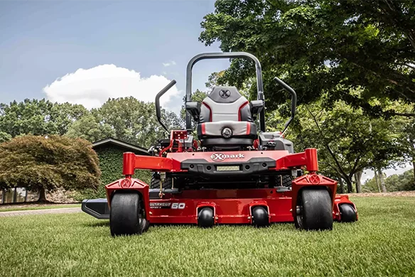 Front view of Exmark Lazer Z zero-turn mower with UltraCut Series 6 deck, ideal for commercial mowing applications.