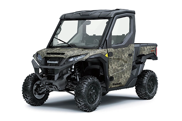 Front angled view of a camo Kawasaki Ridge HVAC with an enclosed cab, isolated on a white background.