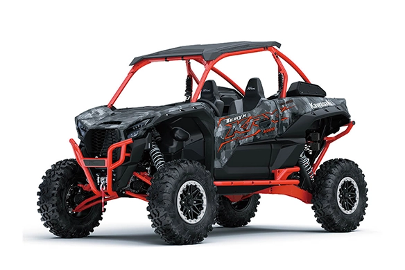 Kawasaki Teryx KRX 1000 with red frame and camo graphics shown in studio setting