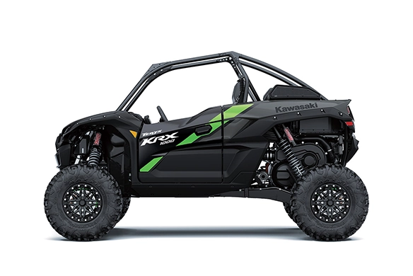 Side view of Kawasaki Teryx KRX 1000 sport side-by-side in matte black with green accents