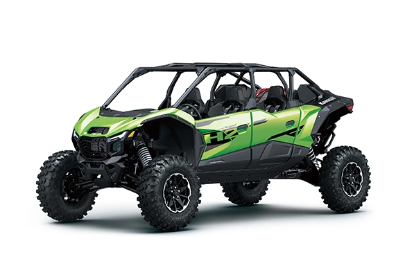 Studio image of Kawasaki Teryx 4 H2 four-passenger side-by-side in Lime Green and Black