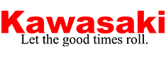 awasaki logo — red uppercase “Kawasaki” with black tagline “Let the good times roll.