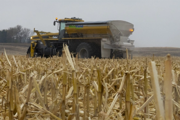Rear view of TerraGator dry application machine applying fertilizer across crop residue.