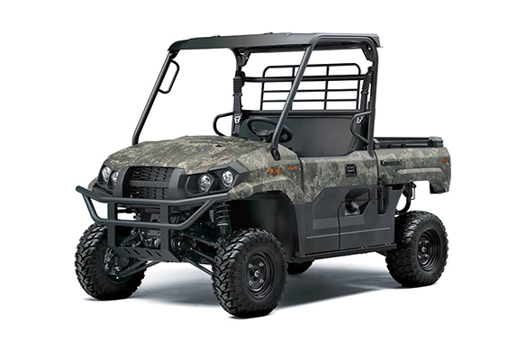 Front angled view of a camo Kawasaki Mule PRO-MX EPS, showcasing its rugged off-road design and brush guard.