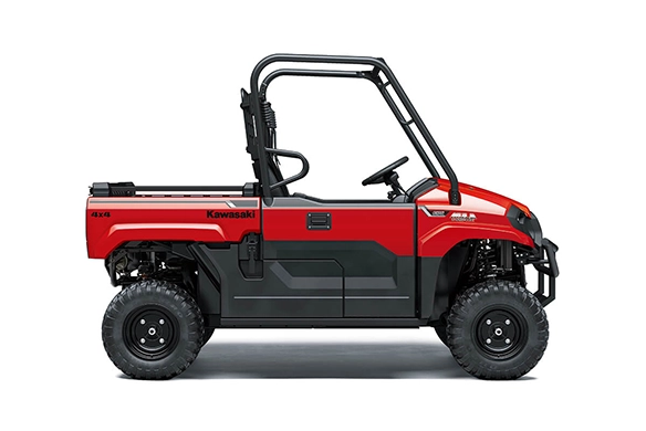 Side profile of a red Kawasaki Mule PRO-MX 4x4 with a compact cab and cargo bed, isolated on a white background.
