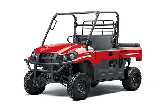 Front angled view of a red Kawasaki Mule PRO-MX 4x4 utility vehicle, emphasizing its durable frame and aggressive stance.