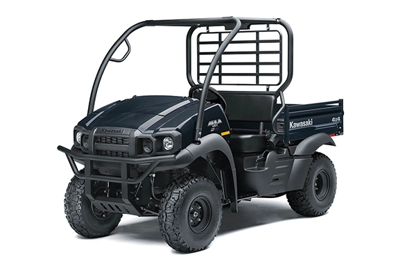 Black Kawasaki Mule SX 4x4 shown from the front left, featuring a bold grille and compact design.