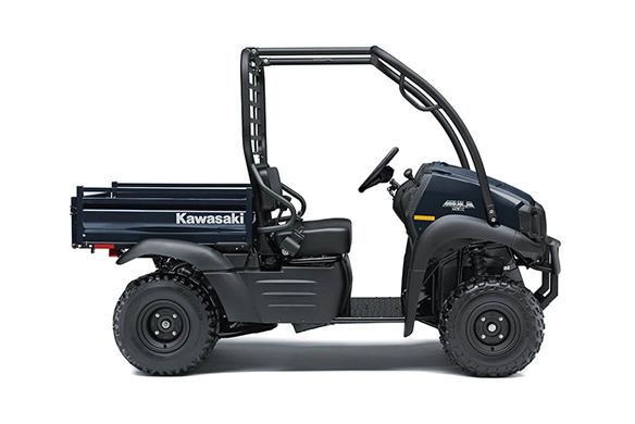 Side profile of a black Kawasaki Mule SX parked on a white background, highlighting the compact and rugged design.