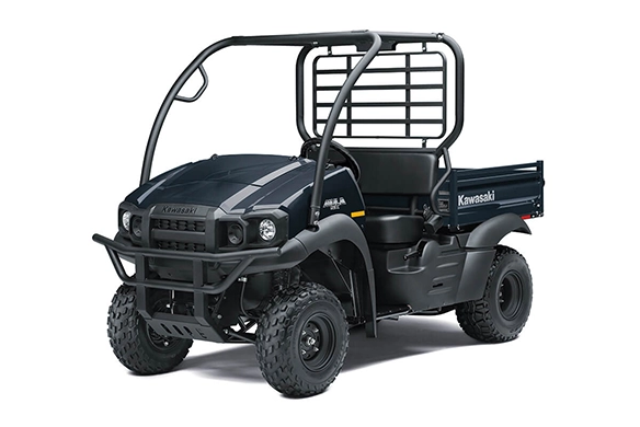 Front angled view of a black Kawasaki Mule SX 4x4 with aggressive styling and open cab frame.