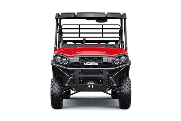 Front view of a red Kawasaki Mule PRO-FX1000 HD showing off its bold grille, bumper, and wide tires.