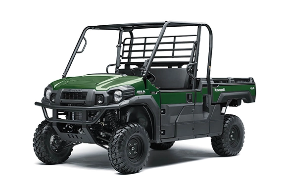Front angled view of a green Kawasaki Mule PRO-FX 820 utility vehicle with open cab and rugged tires.