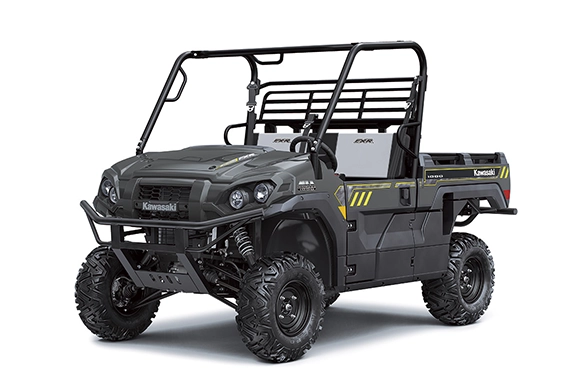 Front angled view of the Kawasaki Mule PRO-FXR 1000 in industrial black and yellow trim, isolated on a white background.