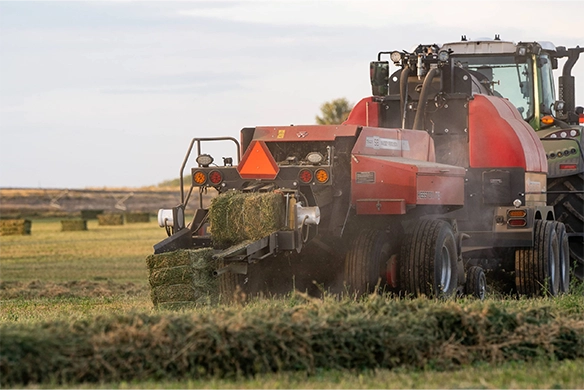 Staheli West DewPoint 331 steaming hay as it exits the large square baler.