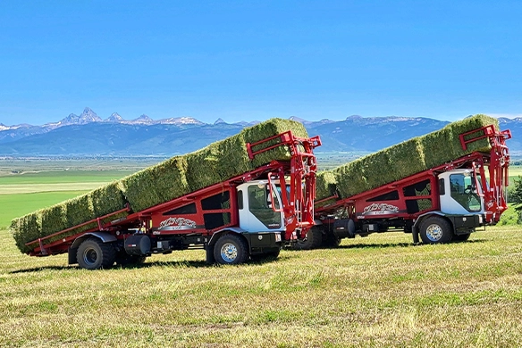 Two Stinger 6500 machines stacking hay bales in a scenic mountain field.