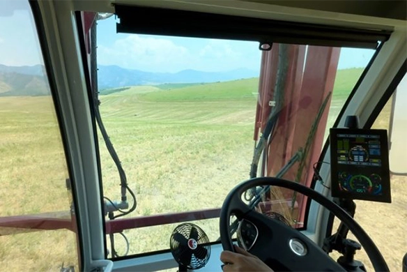 Operator's perspective from inside the Stinger 8500 cab looking out at a hay field.