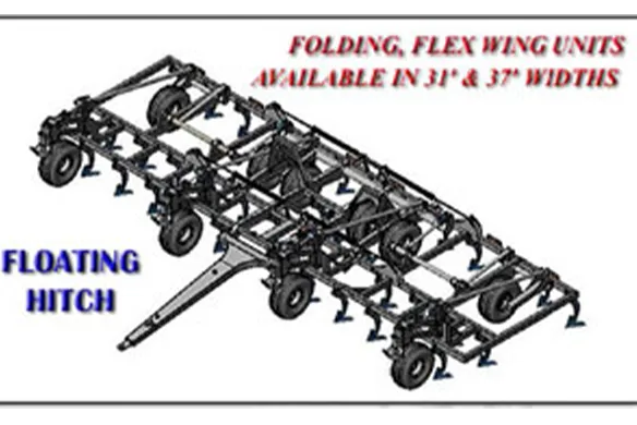 Wilcox floating hitch finishing chisel with fold-up flex wing design, available in 31- and 37-foot widths for large-acreage seedbed preparation.