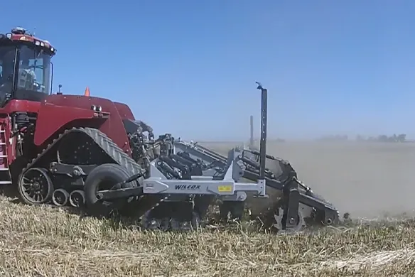 Wilcox in-furrow chisel pulled by Case IH Quadtrac, performing deep tillage and breaking hardpan directly in furrow rows for improved water infiltration and root development.