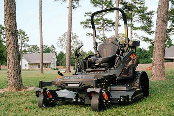 Front quarter view of a Spartan KGZ-XD zero-turn mower built for maximum power, durability, and large-property mowing