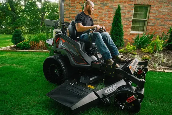 Front quarter view of a Spartan KGZ-XD zero-turn mower designed for maximum cutting efficiency and operator comfort