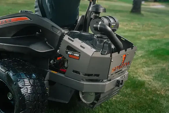 Rear engine and heavy-duty construction on a Spartan RT-HD zero-turn mower designed for long-lasting performance