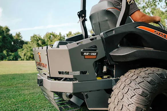 Rear view of a Spartan RZ-HD zero-turn mower highlighting rugged construction and traction for performance mowing