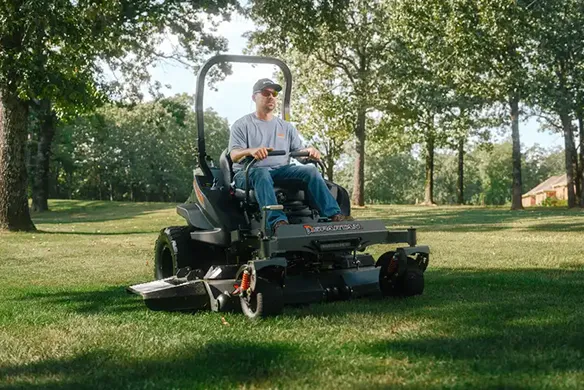 Front quarter product view of a Spartan SRT-XD zero-turn mower built for smooth operation and premium mowing performance