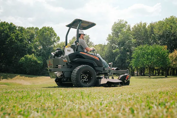 Rear quarter view of a Spartan SRT-XD zero-turn mower highlighting rugged construction and premium rear traction
