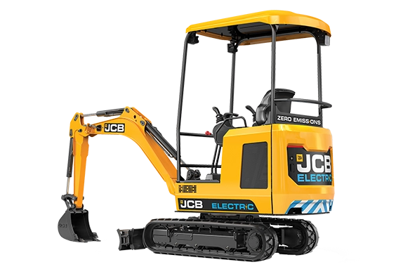 Studio image of JCB 19C-1E electric mini excavator showing compact design and zero-emissions branding
