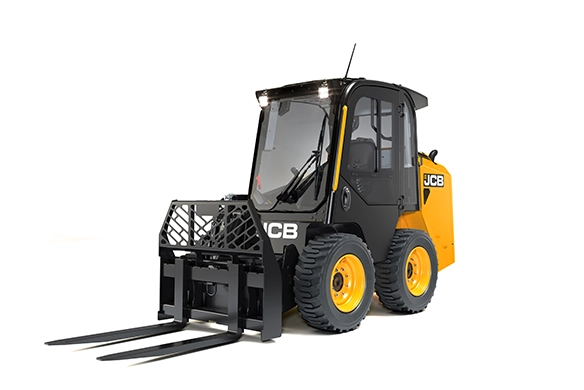 Studio image of JCB 215 skid steer loader fitted with pallet fork attachment