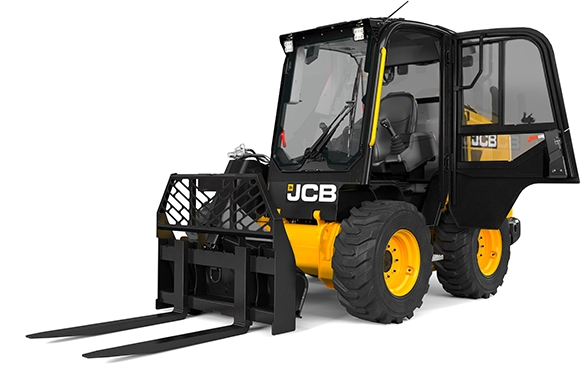 studio view of JCB 215 skid steer loader with pallet forks and enclosed cab with door open