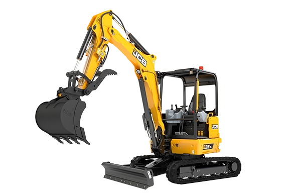Studio image of JCB 35Z-1 mini excavator showing compact tracked design and front bucket