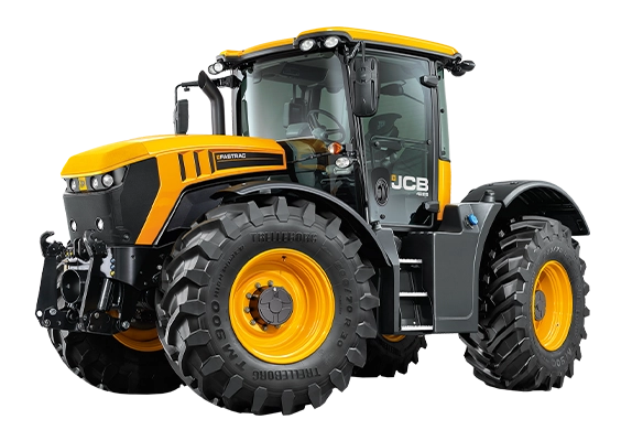 Studio image of a JCB 4000 Series agricultural tractor, highlighting its high-horsepower design, operator comfort, and premium build quality