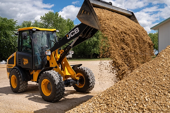 JCB 407 Agri wheel loader dumping dirt on a worksite