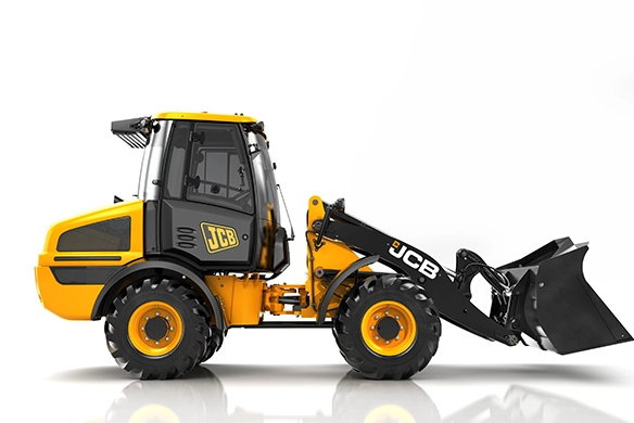 Side profile view of JCB 409 wheel loader in yellow and black on white studio background