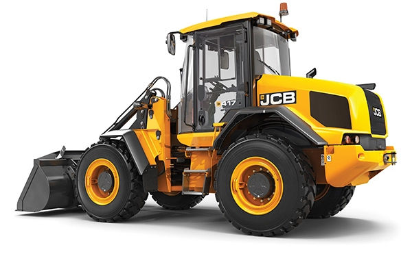 Side profile view of JCB 417 wheel loader in yellow and black on white studio background