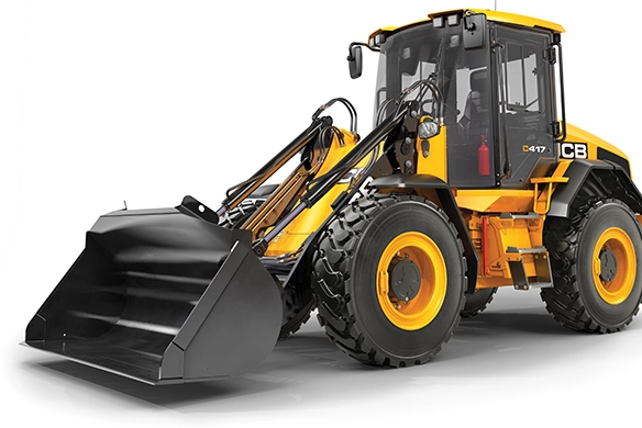 Three-quarter front view of JCB 417 wheel loader with black bucket attachment on white studio background