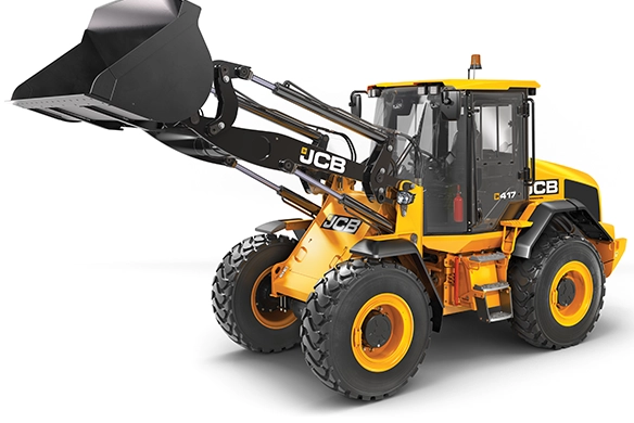 Three-quarter angle view of JCB 417 wheel loader showing raised loader arm and bucket on white studio background
