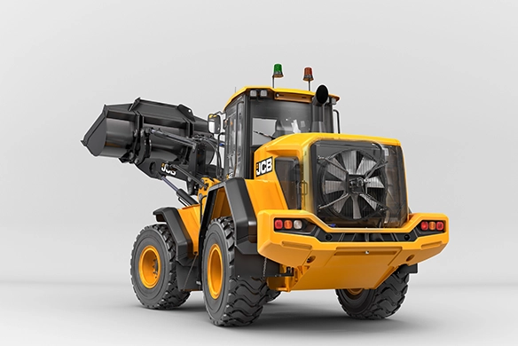 Rear three-quarter view of JCB 427 Agri wheel loader showing heavy-duty cooling system