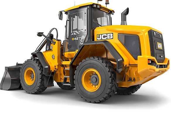Side rear view of JCB 427 Agri wheel loader on a white background